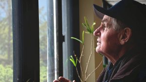Elderly person looking out the window